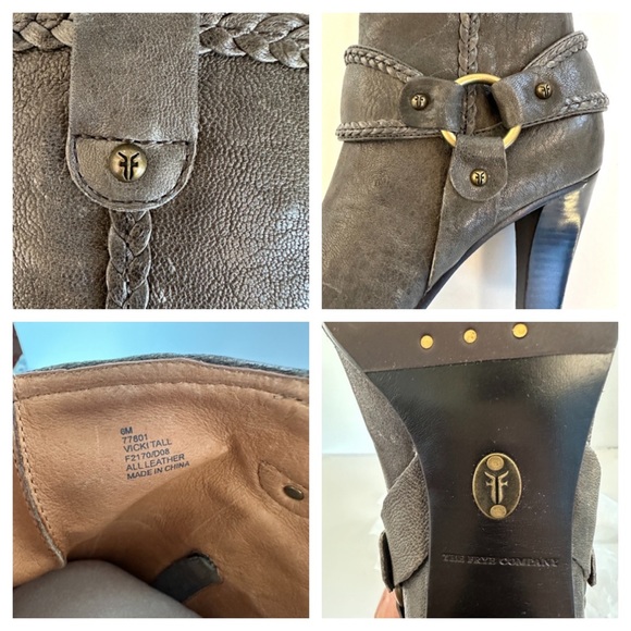 FRYE VICKI TALL GRAY DISTRESSED HARNESS BRAIDED LEATHER HIGH HEEL BOOTS NWT! Sz6 - Picture 12 of 13